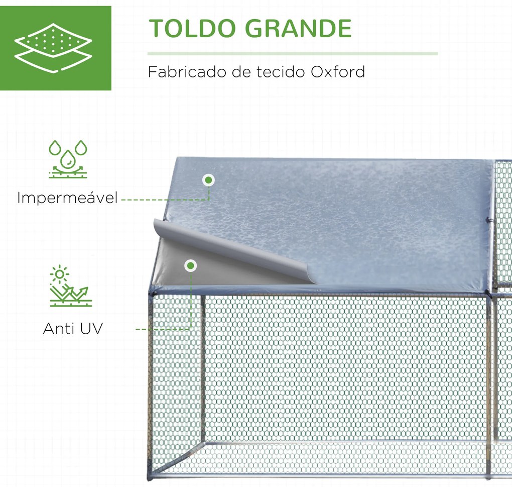 Galinheiro de Exterior Grande 3.03x6x1,95cm Gaiola de Metal Galvanizado para Galinhas Coelhos Aves com Fechadura Prata