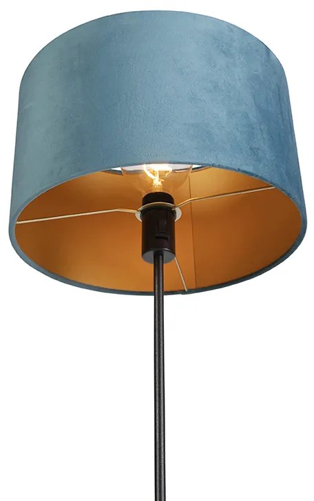 Candeeiro de pé preto com abajur em veludo azul com dourado 35 cm - Parte Country / Rústico