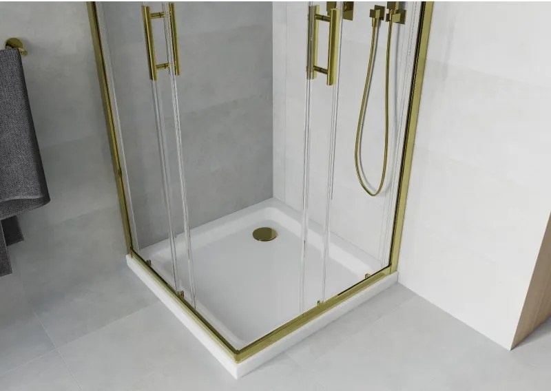 Mexen Rio cabine de duche quadrada 90 x 90 cm, transparente, dourada + base de duche Flat, branco - 860-090-090-50-00-4010G