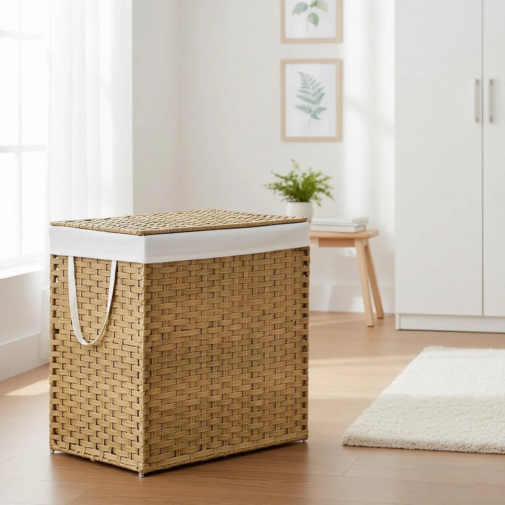 Cesto para roupa suja em rattan sintético 160L com 2 compartimentos 66 x 40 x 61 cm cor natural