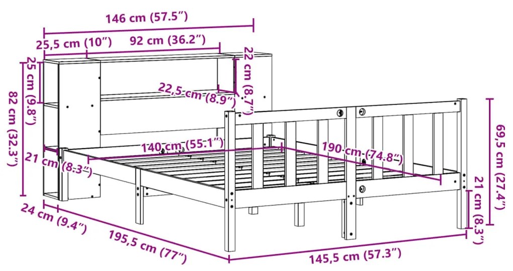 Cama com estante sem colchão 140x190 cm pinho maciço