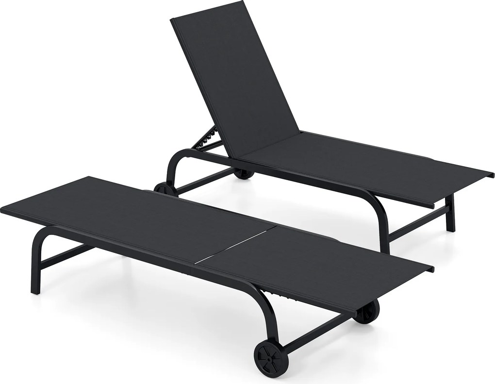 Conjunto de 2 Espreguiçadeiras de Exterior, 190 x 69 cm, Encosto Ajustável em 6 Níveis, Preto