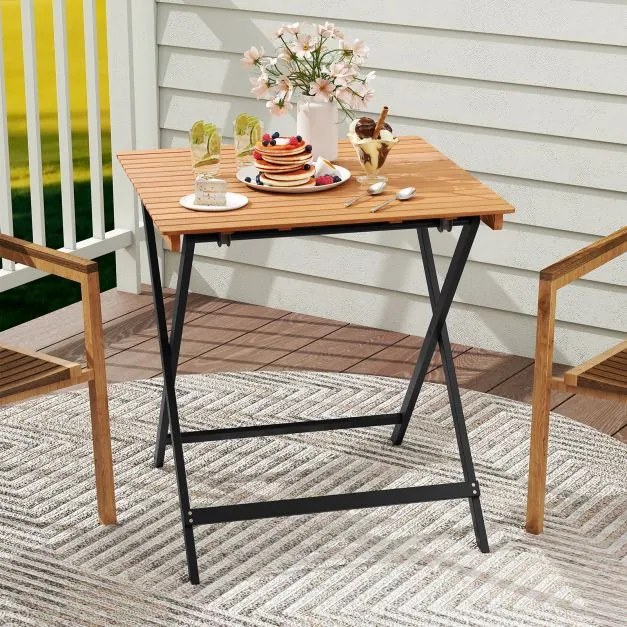 Mesa auxiliar jardim dobrável quadrada em madeira de acácia 70 x 70 x 73 cm com tampo de ripas e travessas reforçadas, portátil para pátio, terraço ou