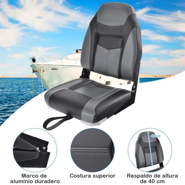2 Bancos de barco dobráveis com encosto alto Almofada almofadada macia Assento de capitão universal moldado macio 44,5 x 51 x 61 cm Preto