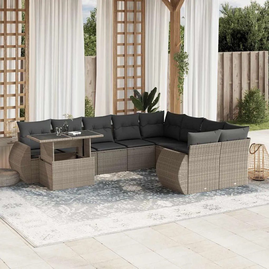 vidaXL 10 pcs conj. sofás jardim com almofadões vime PE cinzento-claro