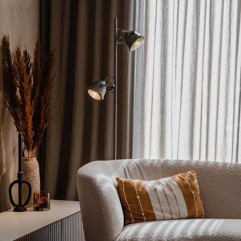 Candeeiro de pé industrial em aço com madeira 2 luzes - Emado