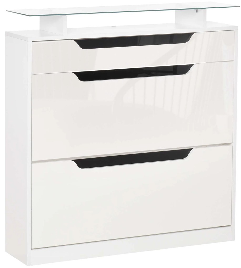 HOMCOM Móvel Sapateira de 2 Portas Sapateira Estreito para 16 Pares de Sapatos com Gaveta Prateleira Aberta e Bancada de Vidro para Corredor Entrada 89x23x96cm Branco