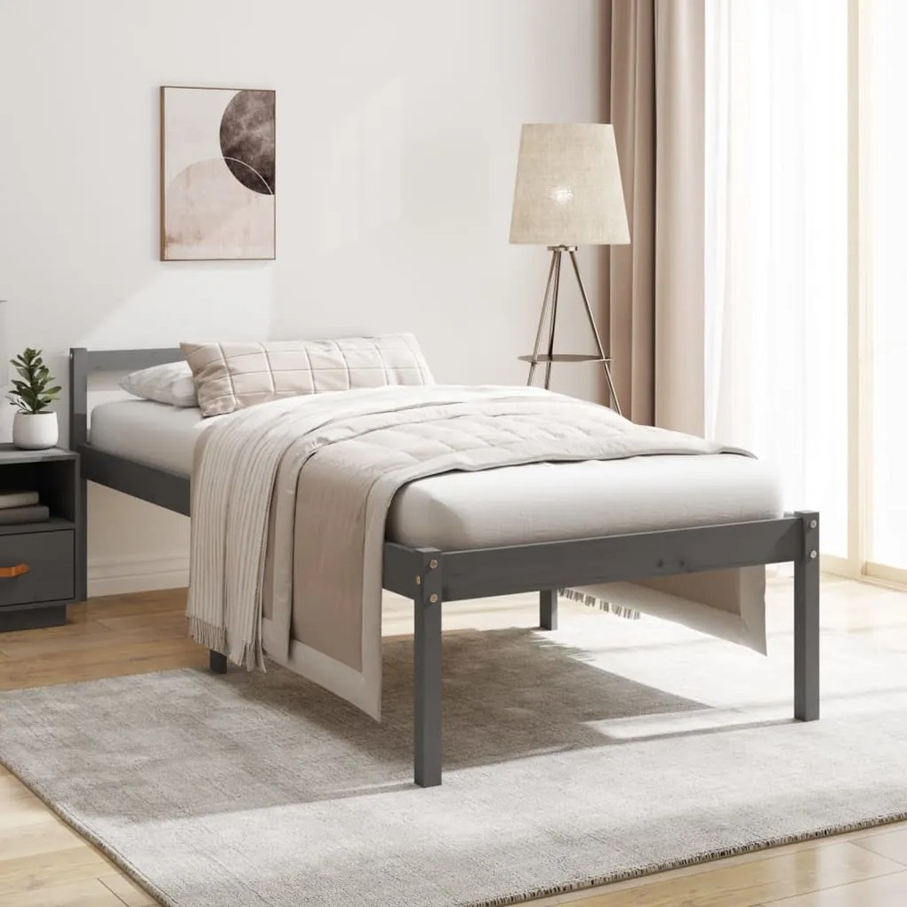 vidaXL Cama de solteiro p/ idosos 90x190 cm pinho maciço cinza