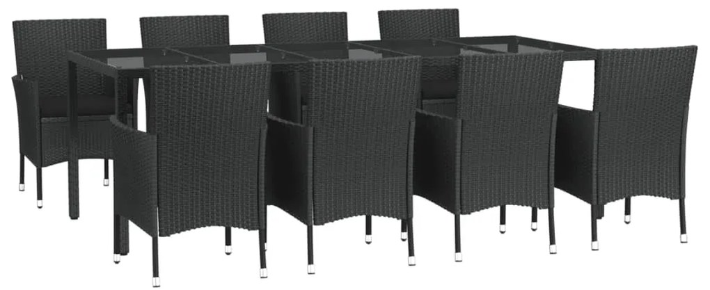 9 pcs conjunto de jantar p/ jardim c/ almofadões vime PE preto