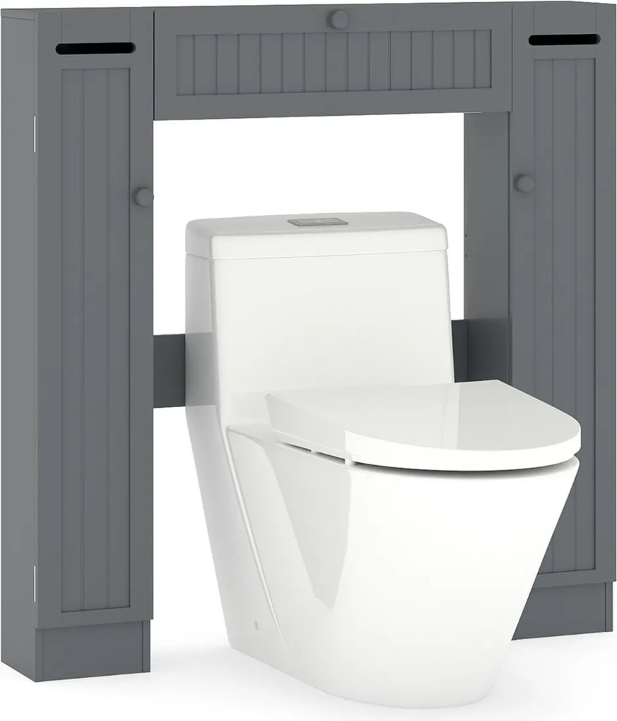 Estante sobre sanita 89 x 19,5 x 99 cm de casa de banho com prateleiras ajustáveis com suporte para papel higiênico Porta basculante Cinzenta