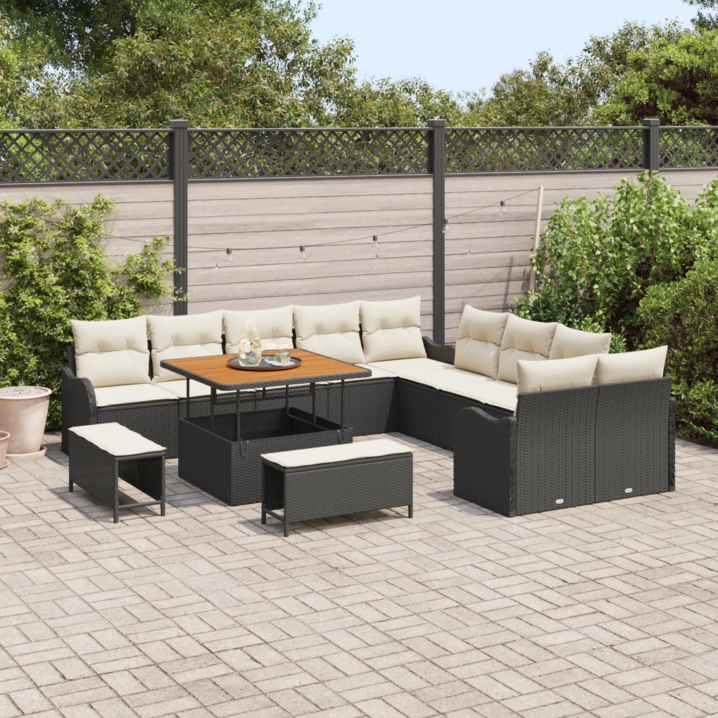 Conjunto de Sofá de Jardim com 13 Peças em Rattan Poliéster Preto, Sof