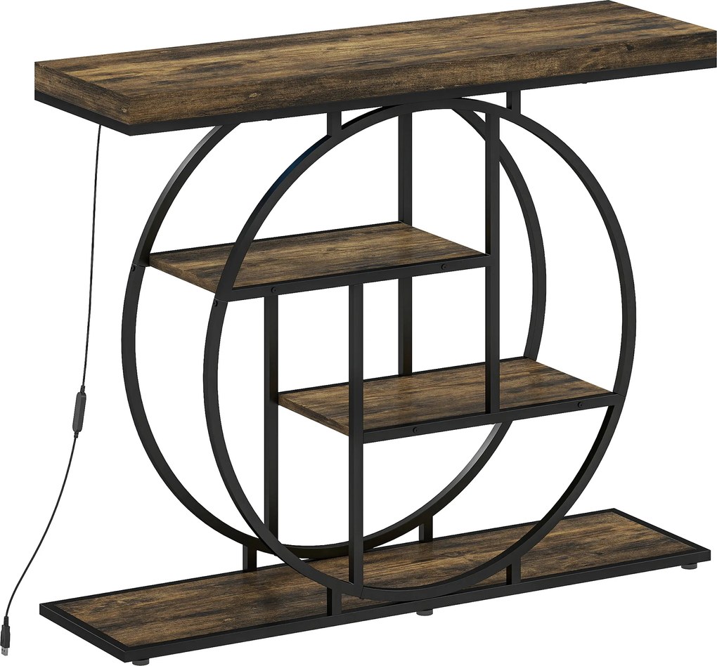 HOMCOM Mesa console com iluminação LED 100 cm, mesa console a 4 níveis com prateleiras abertas, marrom rústico e preto | Aosom Portugal