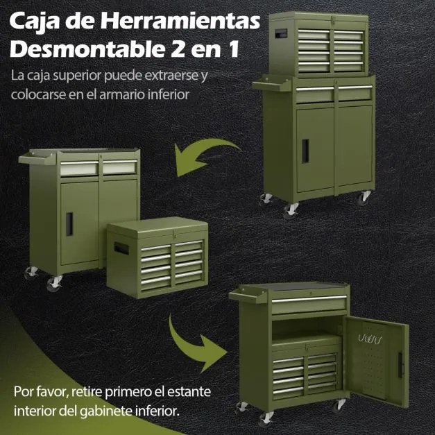 Armário para ferramentas (sem ferramentas) com 5 gavetas e rodas de grande capacidade com rodas bloqueáveis Verde