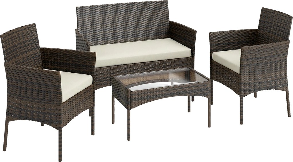 Outsunny Conjunto de Jardim em Vime com Almofadas Móveis de Exterior com 2 Poltronas Sofá de 2 Lugares Mesa com Vidro Castanho e Bege | Aosom Portugal