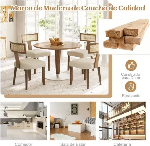 Conjunto de 2 cadeiras de jantar em madeira de borracha, com assento estofado, encosto largo e rattan; para sala de estar, quarto, restaurante e café+