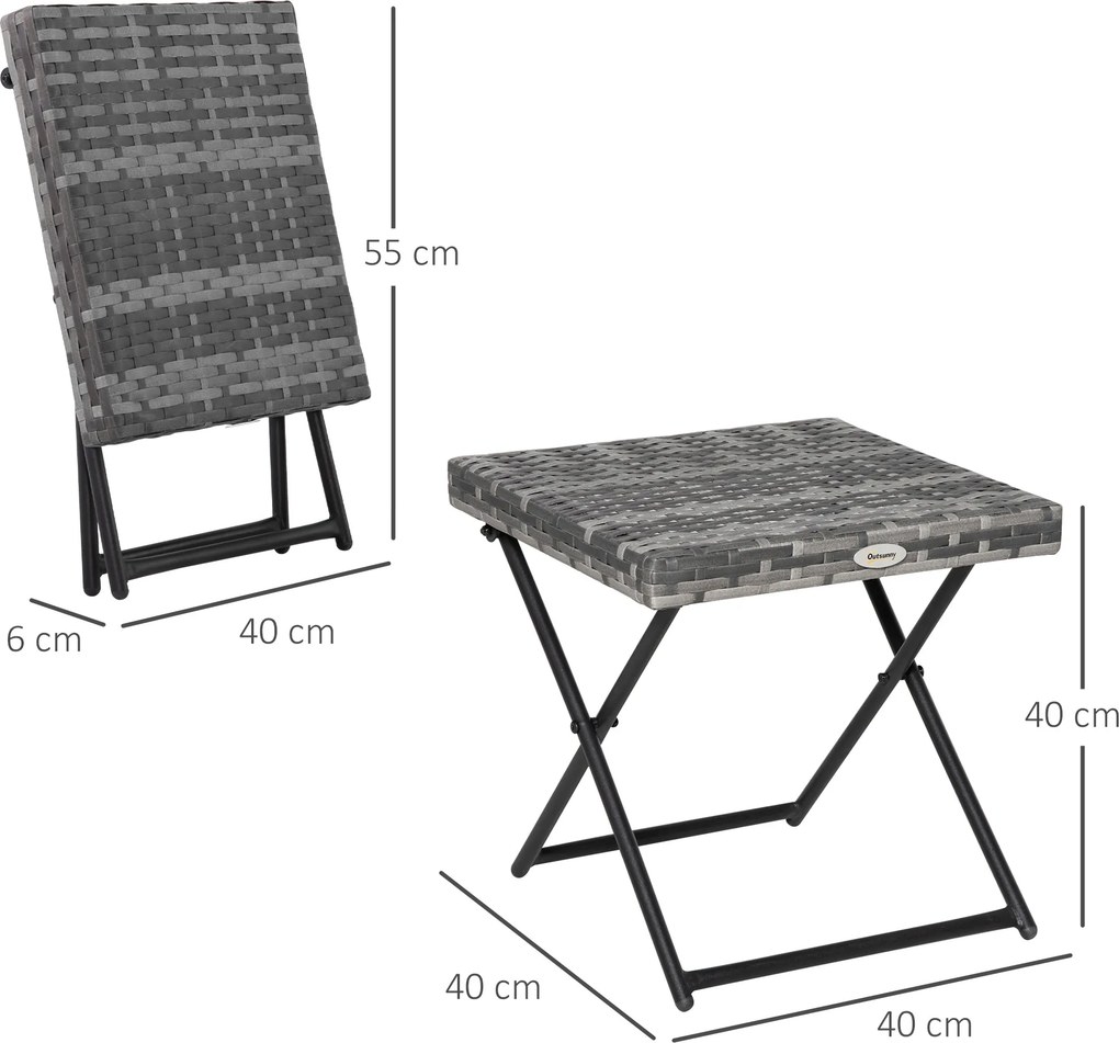 Mesa de Jardim em Vime Sintético Mesa Dobrável com Pés Cruzados e Estrutura de Aço para Pátio Varanda 40x40x40 cm Cinza