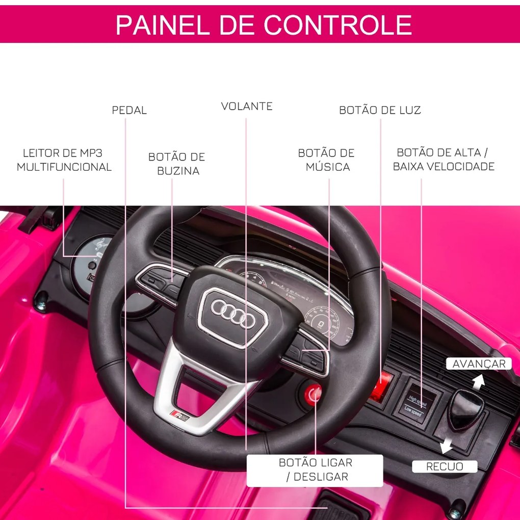 Carro Elétrico Infantil acima de 3 anos Licença Audi RS Q8 com Bateria 6V Controle a Distância Música MP3 Buzina e Luzes Velocidade Máx. 3km/h 101x62x