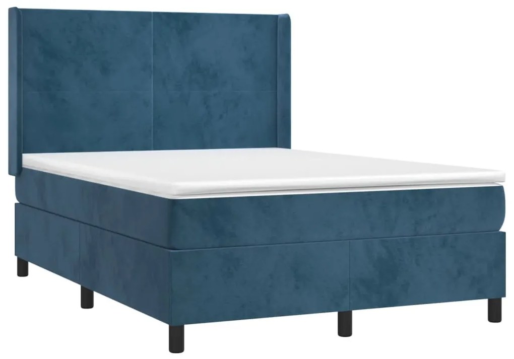 Cama box spring c/ colchão/LED 140x190 cm veludo azul-escuro