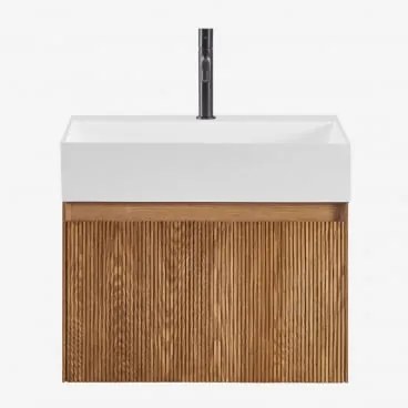 Conjunto De Móvel De Casa De Banho Suspenso Em Madeira Com Lavatório Integrado Aldeia Castanho Fresno & Sem Espelho & Preto - Sklum