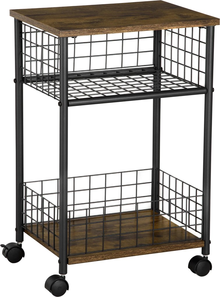 HOMCOM Carrinho de Cozinha em Design Industrial 1 Prateleira 1 Cesto de Armazenamento 4 Rodas 40 cm x 30 cm x 62 cm Aço Preto + Castanho | Aosom Portugal