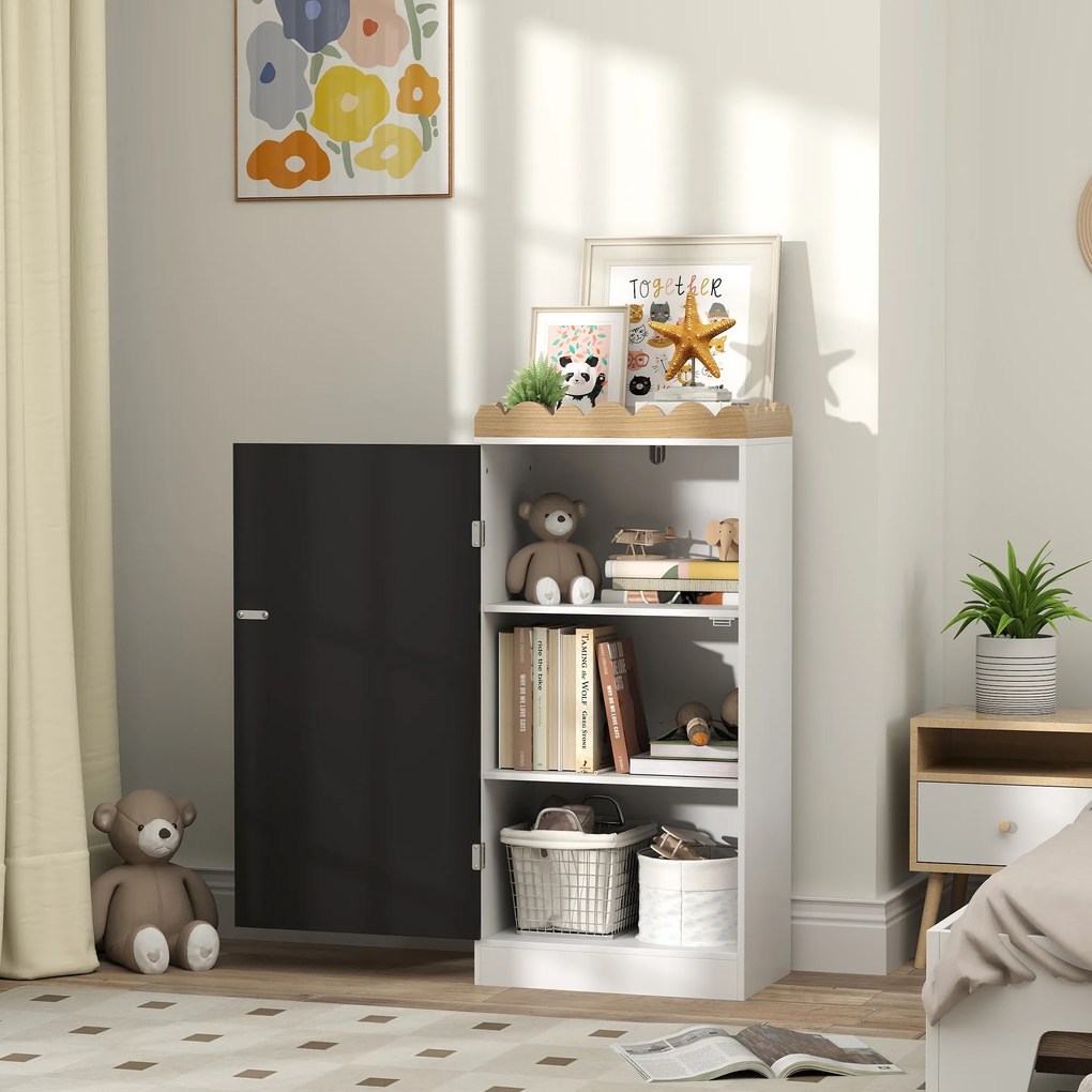 Móvel de arrumação infantil 48 L x 30 P x 100 A cm, arrumação para brinquedos com porta em quadro negro, 3 compartimentos e prateleira superior, branc