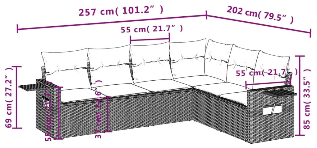 6 pcs conjunto sofás de jardim com almofadões vime cinzento