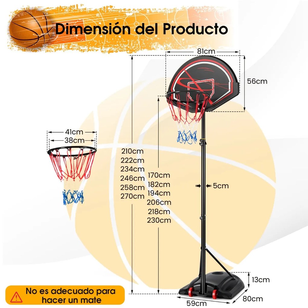 Cesto de basquetebol portátil ajustável em altura 1,7-2,3 m com base e 2 rodas para adultos e crianças preto