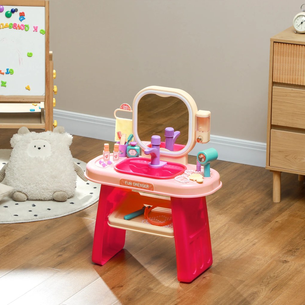 Conjunto de 23 Peças de Toucador Infantil, 55 x 29 x 71 cm, Espelho com Luz LED, Cor-de-Rosa