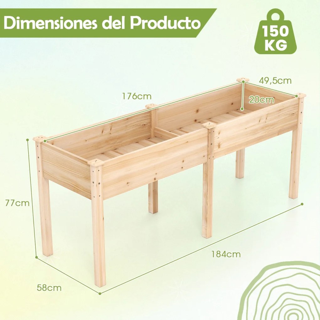 Floreira elevada com separador e 8 orifícios de drenagem para vegetais e flores para jardim ou terraço 184 x 58 x 77 cm Natural