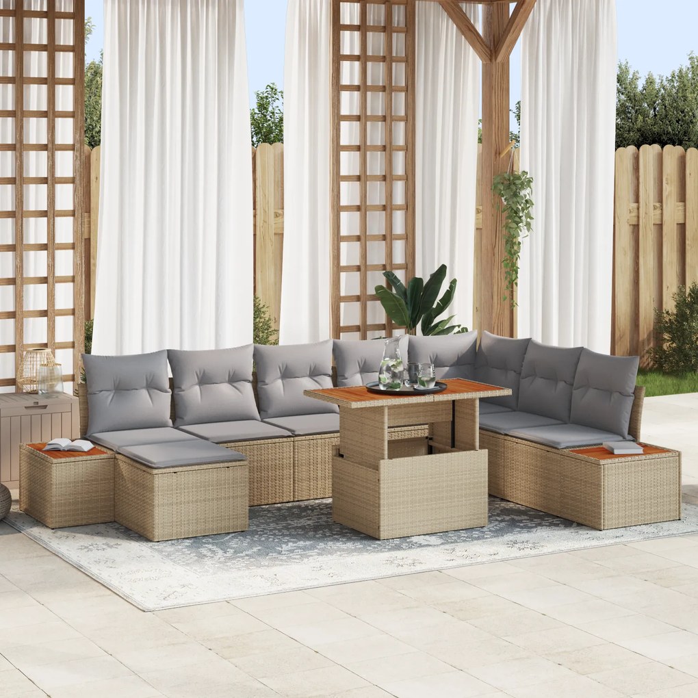 Conjunto de Jantar Jardim de 9 Peças com Almofadas Bege em Rattan Sint