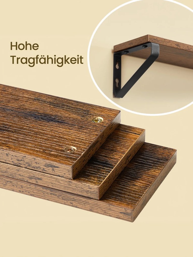 Conjunto de 3 prateleiras suspensa de parede, 3 tamanhos castanho-preto