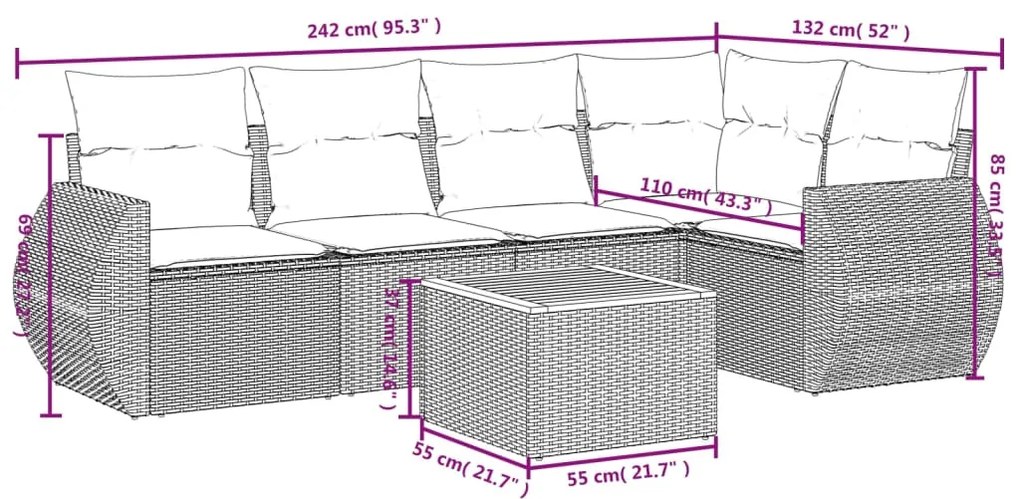 6 pcs conjunto sofás de jardim com almofadões vime cinzento