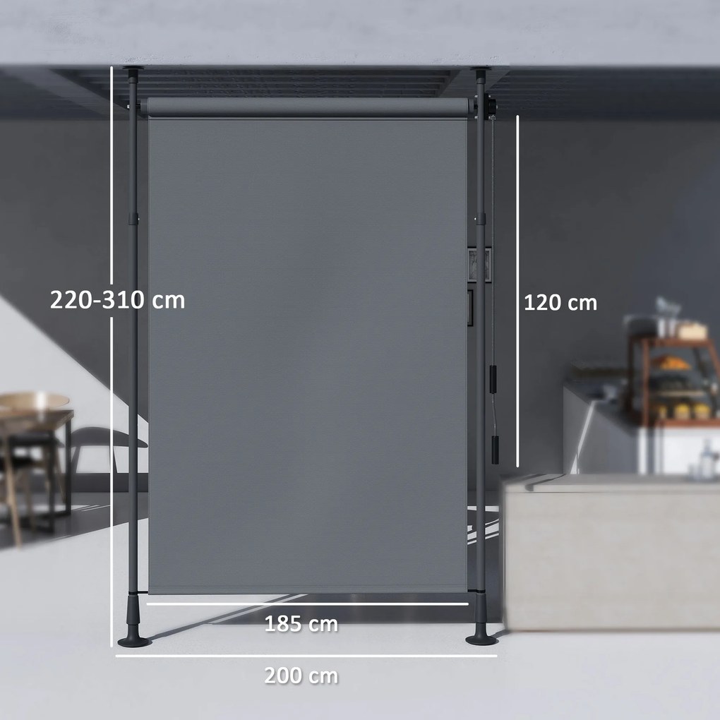 Toldo manual retrátil com suporte 200 L x 220-310 A cm, comprimento ajustável, manivela, instalação sem perfuração, metal de alumínio, poliéster cinze