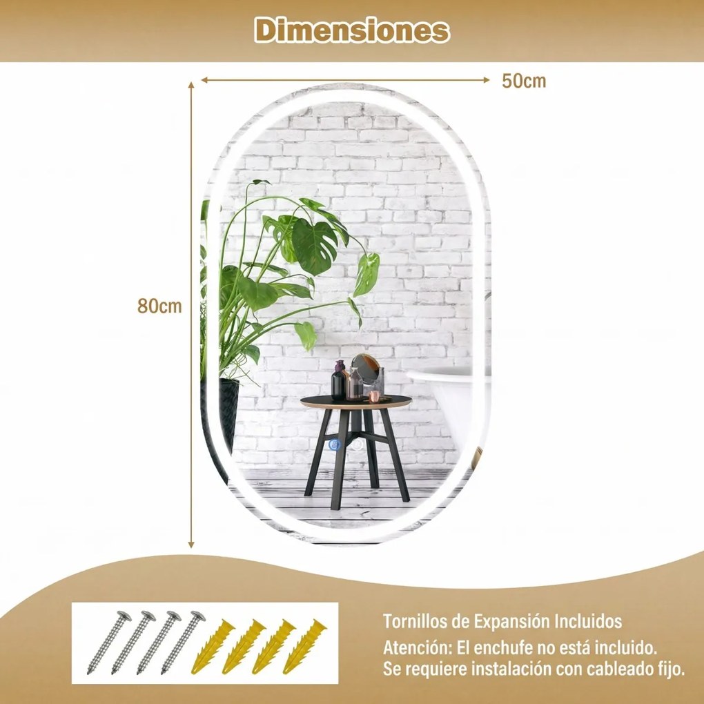 Espelho 80x50 cm ovalado iluminado de parede para casa de banho sem moldura LED traseiro 3 modos de cor ajustável antiembaciamento vidro temperado HD