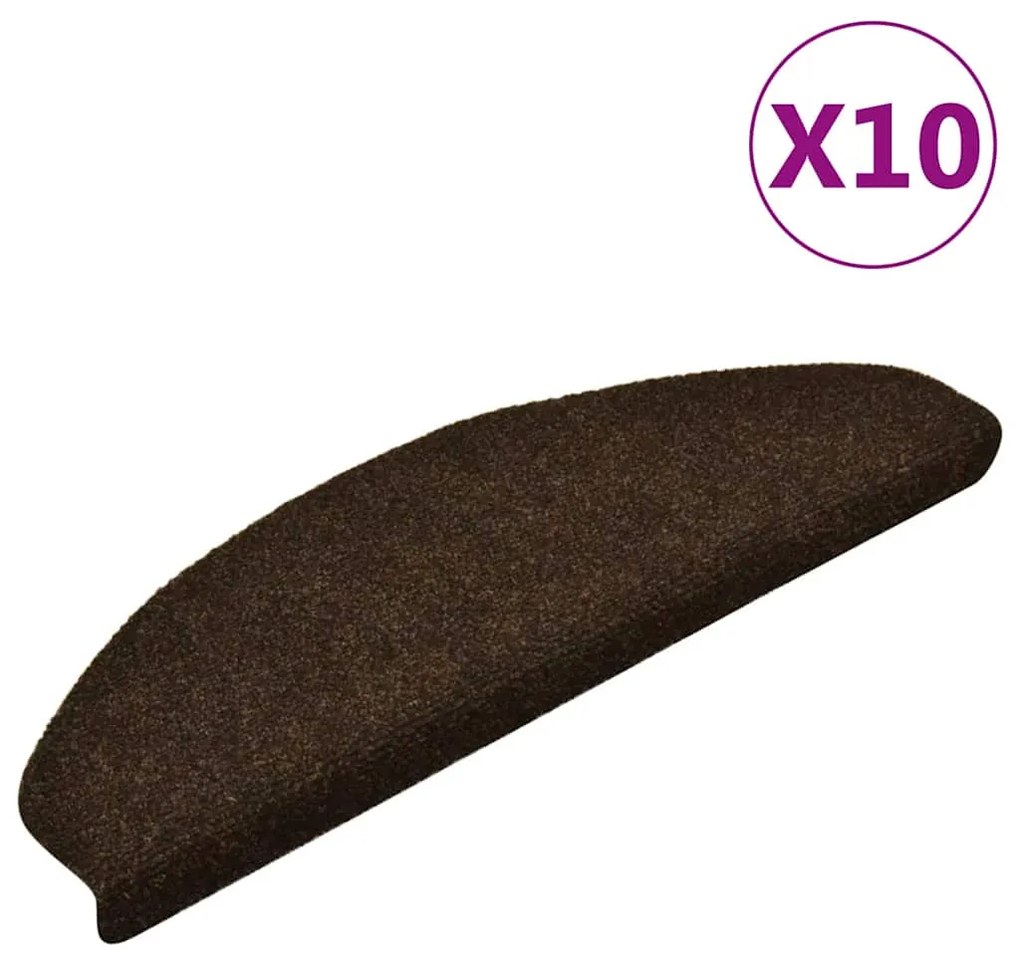 vidaXL Tapetes escada autoadesivos 10 pcs 65x21x4 cm agulhado castanho