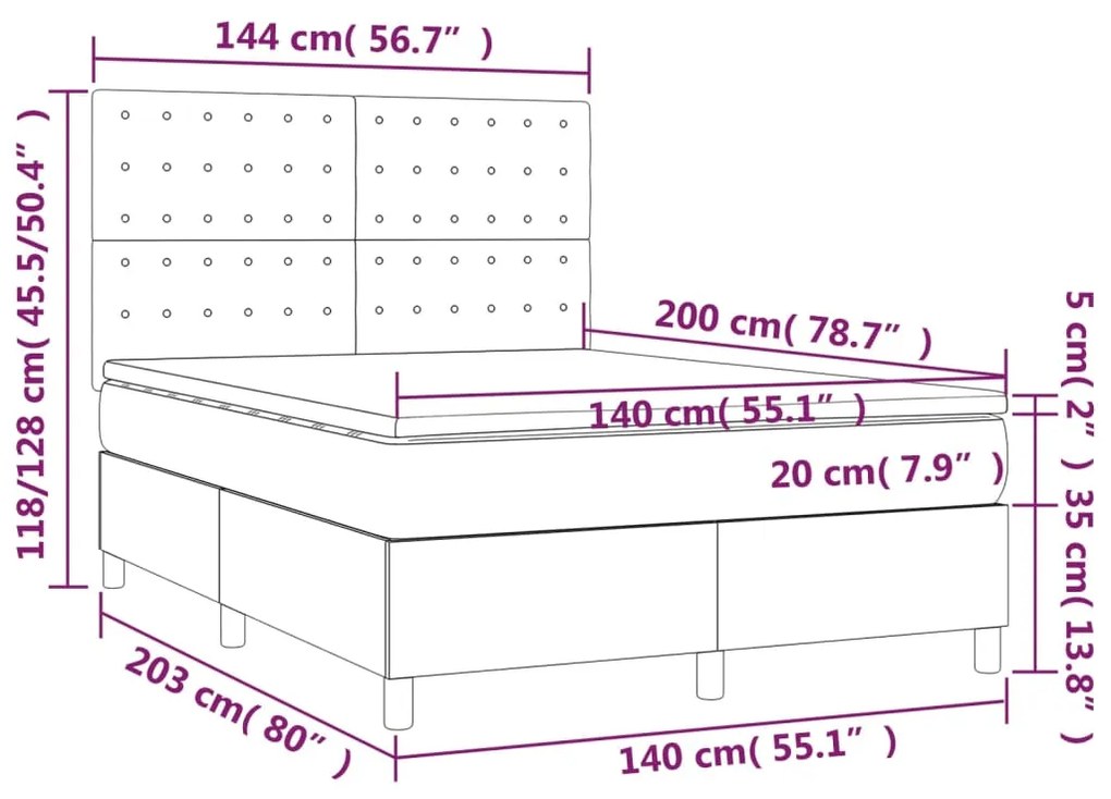 Cama box spring c/ colchão e LED 140x200 cm tecido preto