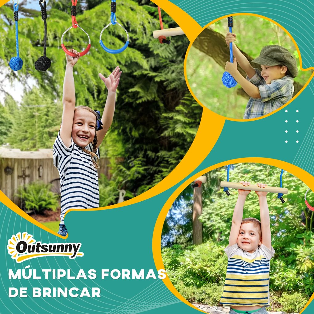 Circuito de Obstáculos Ninja para Crianças com Corda de 10 m Barras de Madeira Anéis de Ginástica Protetor de Árvore