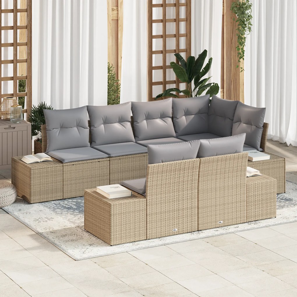 Conjunto de Sofá de Jardim de 7 Peças com Almofadas Bege Vime Sintétic