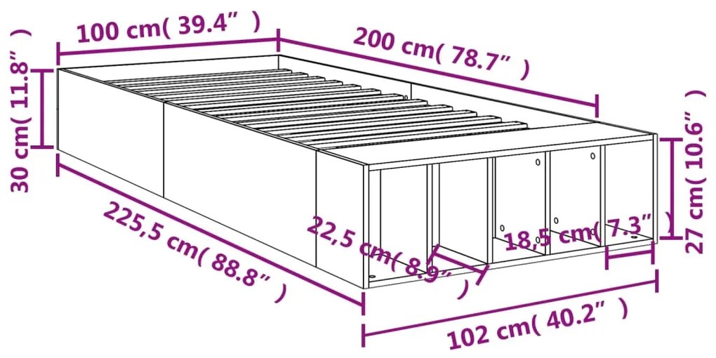 Estrutura de cama 100x200 cm derivados de madeira cinza sonoma