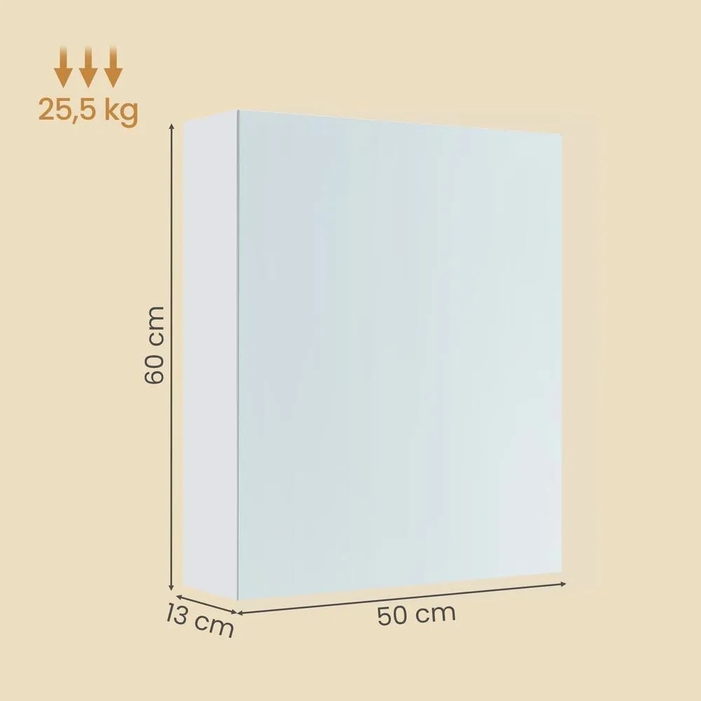 Armário casa banho suspenso com espelho 13 x 50 x 60 cm, armário de arrumação com prateleiras ajustáveis, moderno branco