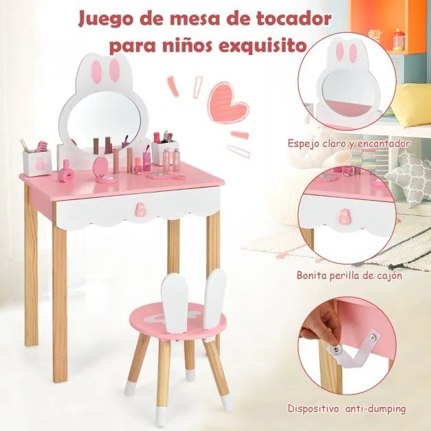 Conjunto de toucador e cadeira para crianças estilo coelho com espelho e gavetas Rosa