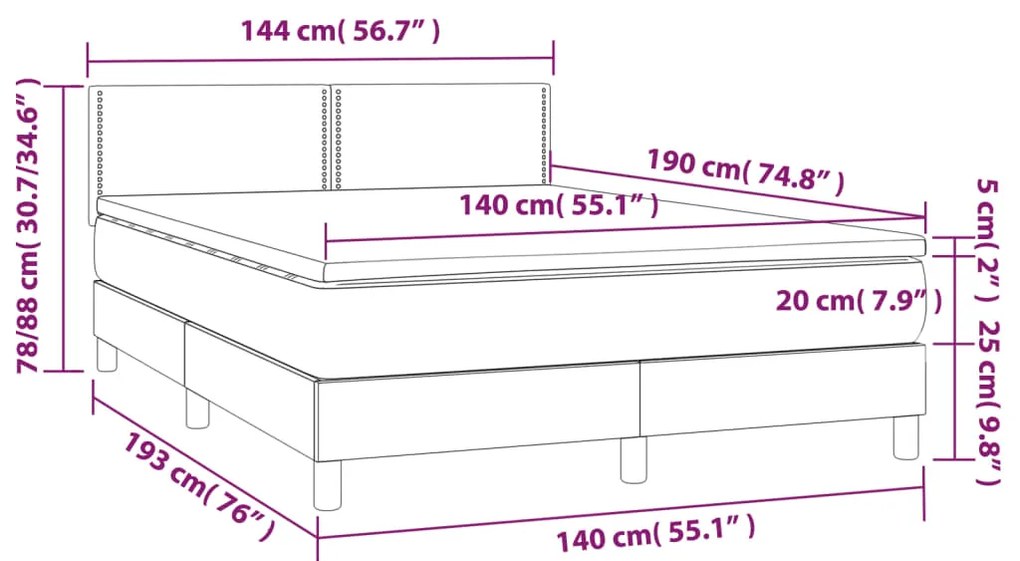 Cama box spring c/ colchão e LED 140x190 cm tecido azul