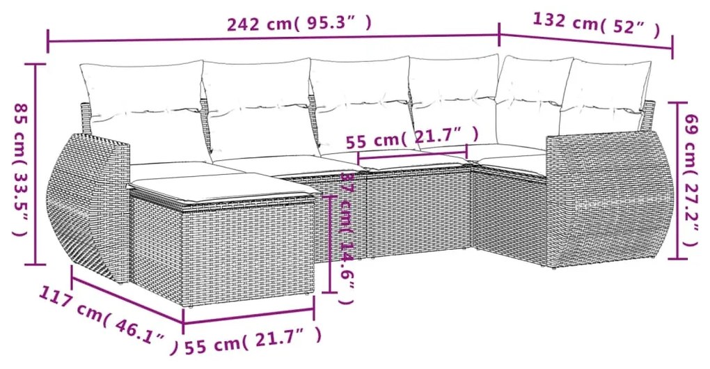 6 pcs conjunto de sofás jardim c/ almofadões vime PE castanho