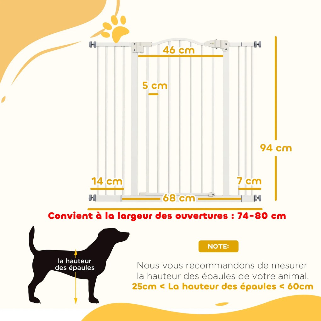 Barreira de segurança extensível para cães, 74-100 cm, fecho automático, fixação por pressão sem necessidade de perfuração, branca