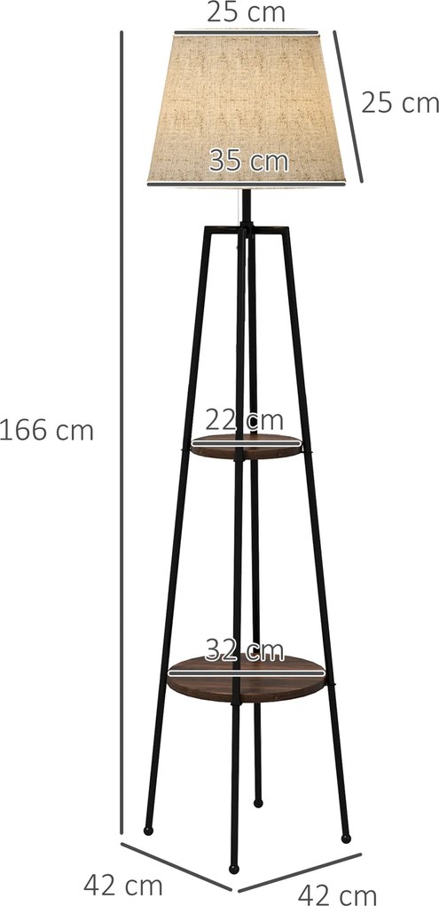 Candeeiro de pé com 2 prateleiras, casquilho E27, 40 W, interruptor de cordão, abajur em tecido, 42 x 42 x 166 cm, preto e castanho