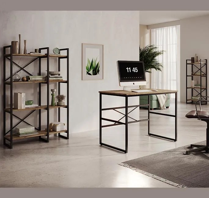 Estante Faro – 55x30x138 cm – Pinho Atlântico e Aço Preto – 4 Pratelei