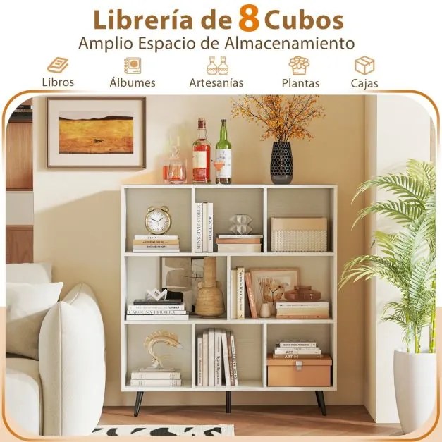 Estante de 3 níveis com 8 cubos, 4 pés de metal e dispositivo anti-capotamento para sala de estar ou escritório 100 x 24 x 107 cm branco