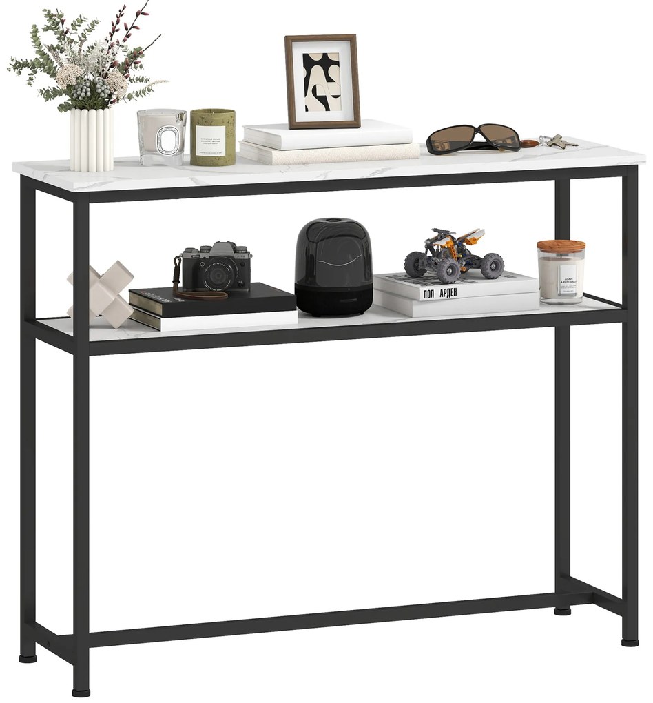 HOMCOM Mesa Consola Moderna Consola Estreita com Superfície com Efeito Mármore Prateleira Aberta e Estrutura de Metal Consola de Sofá para Entrada Sala de Estar 100x30x81 cm Branco