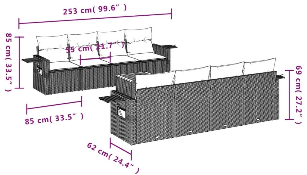 9 pcs conjunto de sofás p/ jardim com almofadões vime PE bege