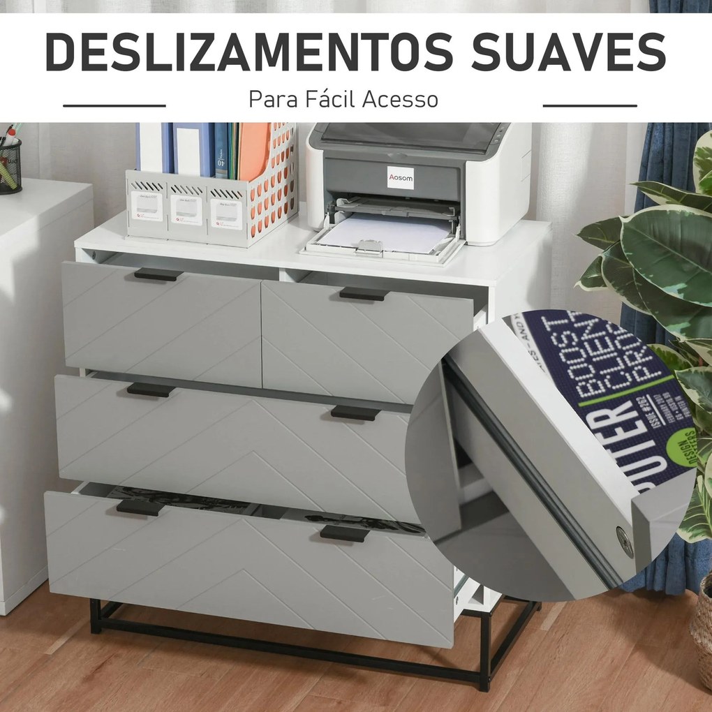 Cómoda com 4 Gavetas Base Elevada e Desenho Antiderrapante 80x40x79 cm Branco Cinzento e Preto